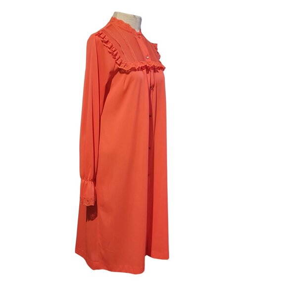 Vintage Nightgown Womens Small 60s Coral Chiffon Lacy Ruffle Trimmed Yoke Retro - Picture 2 of 8